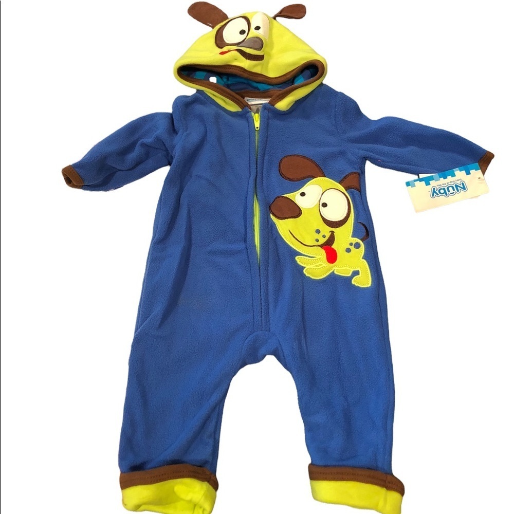 🌻 Nuby Fleece & Cotton Dog Onesie, Blue & Neon Green, Infant Size 9M, NWT
